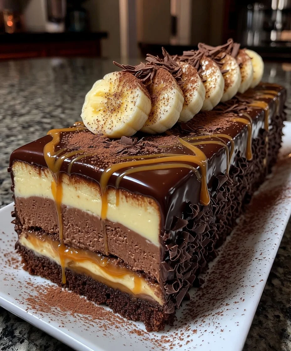 Banana Chocolate Mousse Cake with Caramel Swirl and Cocoa Dust