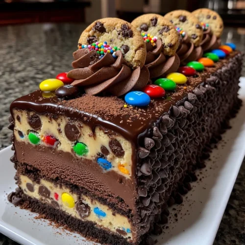 Chocolate M&M Cookie Dough Ice Cream Cake with Candy Topping