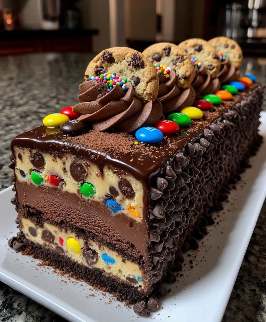 Chocolate M&M Cookie Dough Ice Cream Cake with Candy Topping