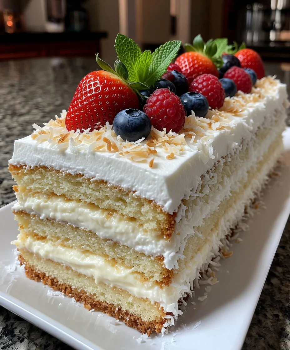 Coconut Cream Berry Chantilly Slice with Fluffy Frosting Layers