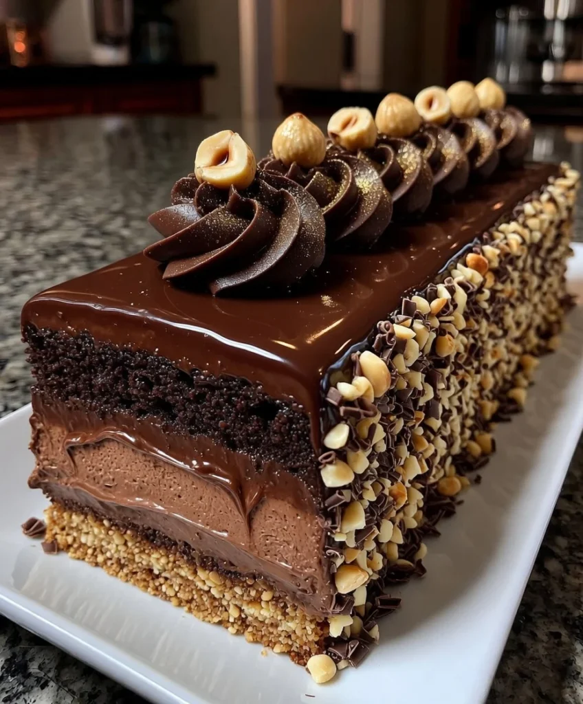 Nutella Chocolate Mousse Cake with Hazelnut Crunch Layers