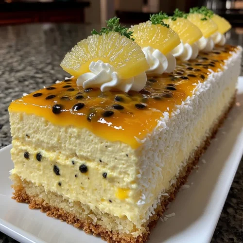 Passion Fruit Mousse Cake with Tropical Glaze and Coconut Crust