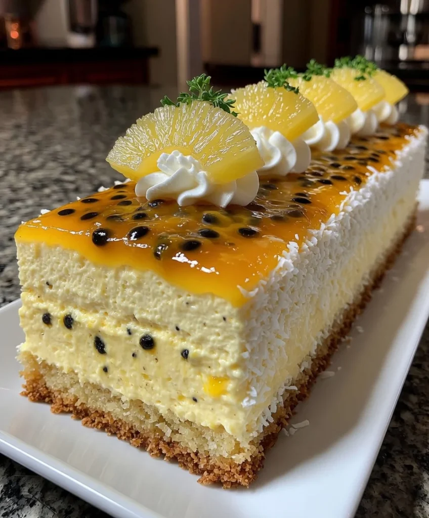 Passion Fruit Mousse Cake with Tropical Glaze and Coconut Crust