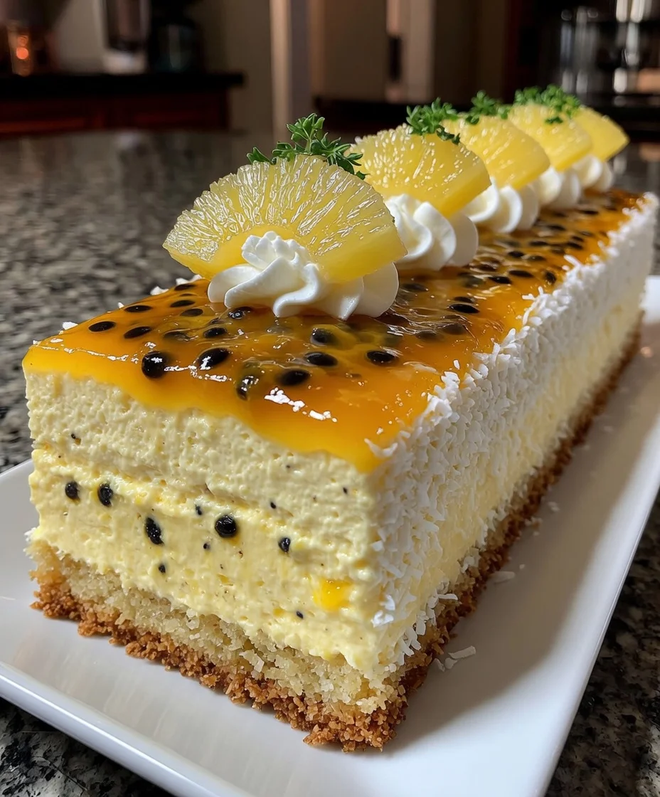 Passion Fruit Mousse Cake with Tropical Glaze and Coconut Crust