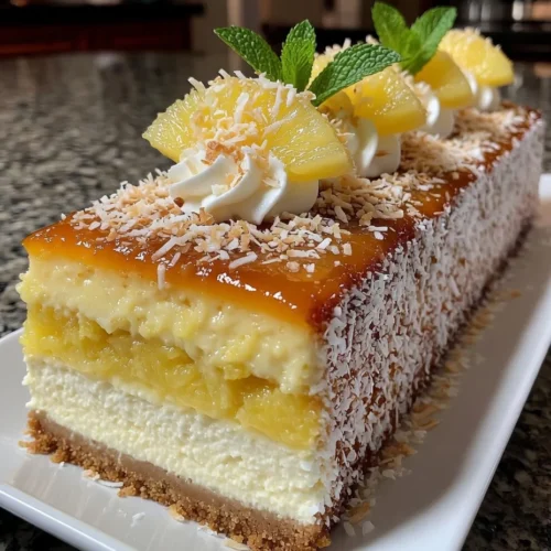 Piña Colada Cheesecake with Pineapple Coconut Cream Layers