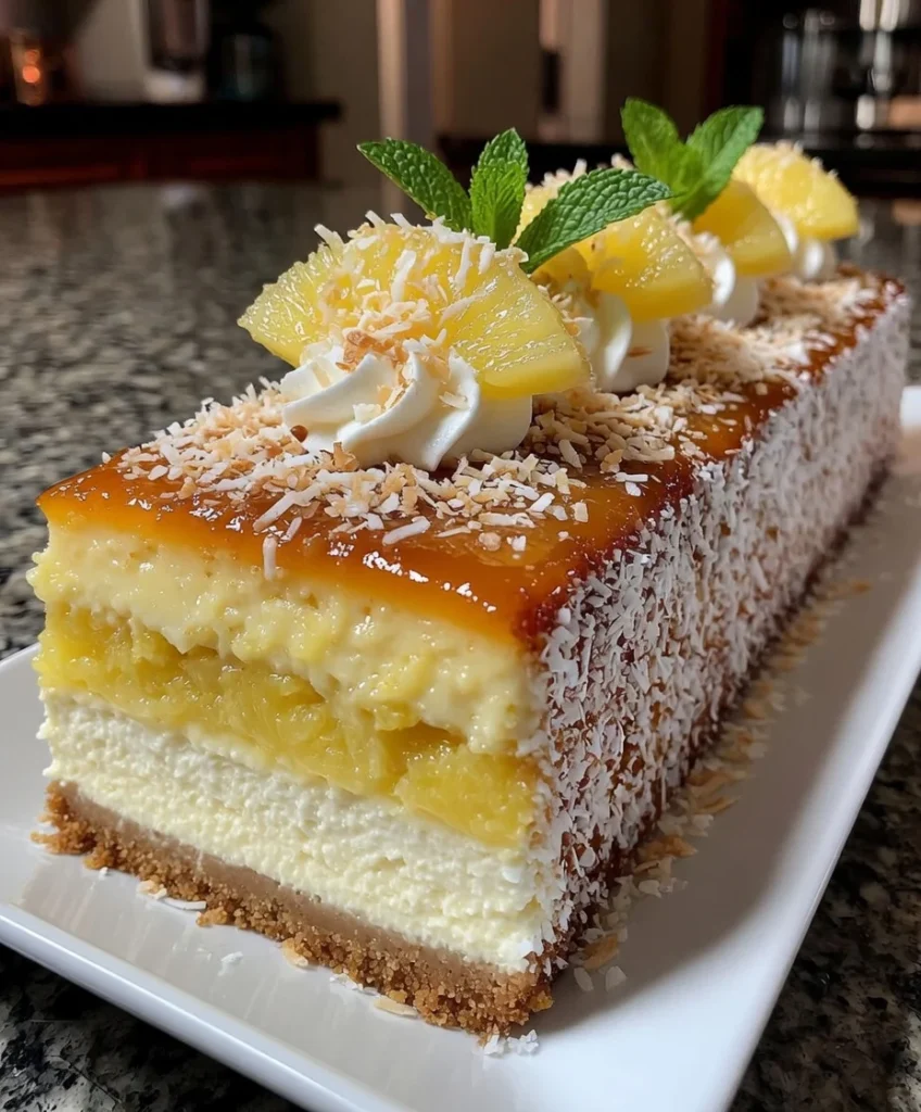 Piña Colada Cheesecake with Pineapple Coconut Cream Layers