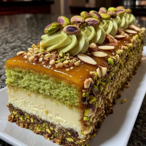 Pistachio Almond Cheesecake with Nutty Crunch and Honey Glaze