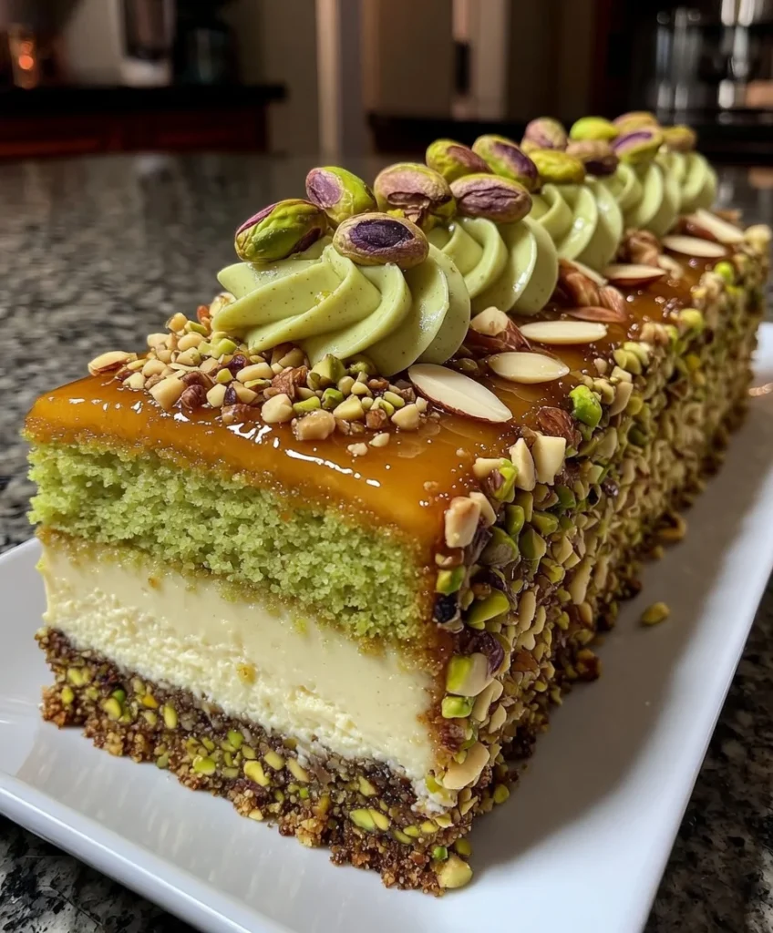 Pistachio Almond Cheesecake with Nutty Crunch and Honey Glaze