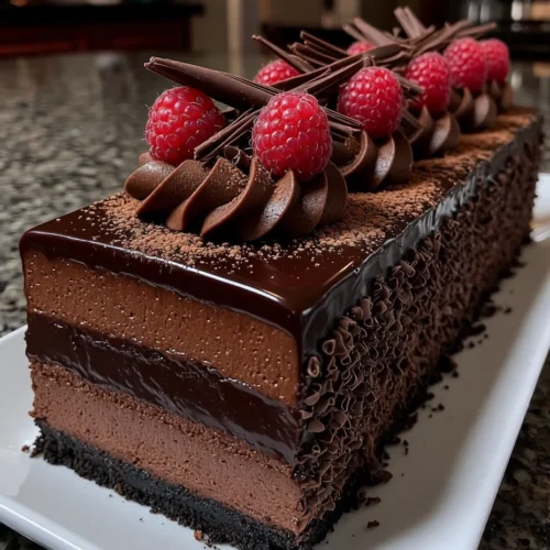 Raspberry Dark Chocolate Mousse Cake with Velvet Ganache Layers
