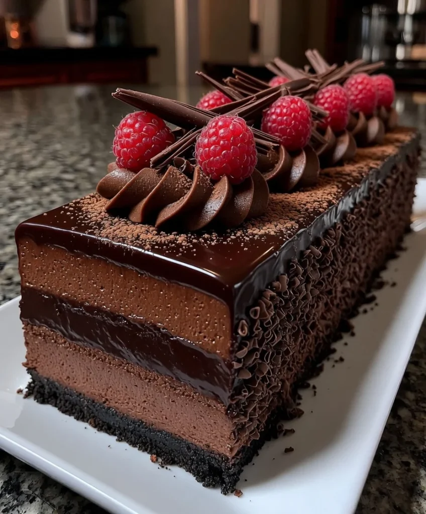 Raspberry Dark Chocolate Mousse Cake with Velvet Ganache Layers