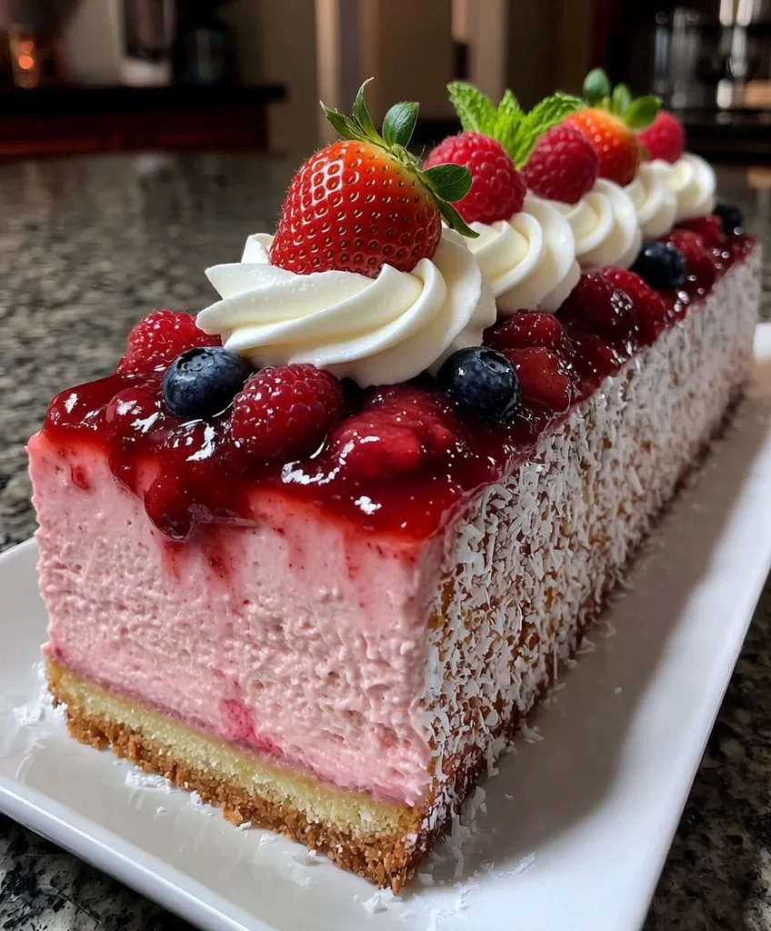 Strawberry Cheesecake with Fresh Berry Compote and Cream Swirl