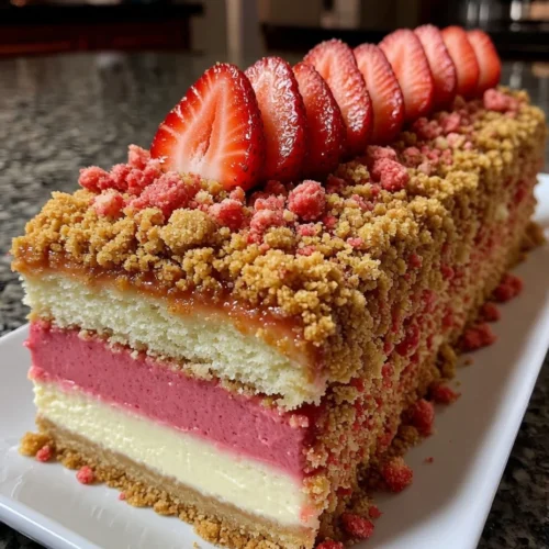 Strawberry Crunch Layer Cake with Crispy Golden Topping