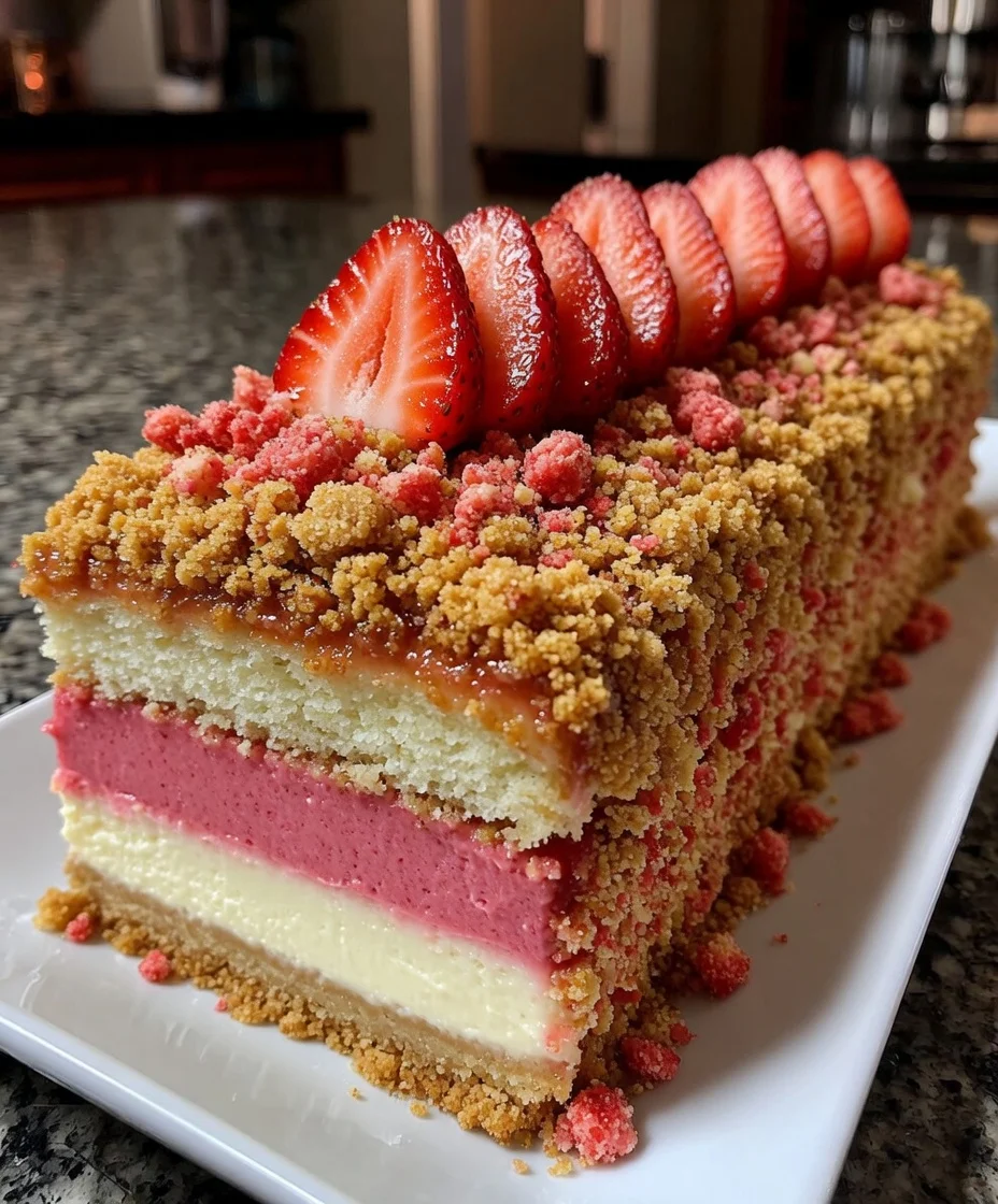 Strawberry Crunch Layer Cake with Crispy Golden Topping
