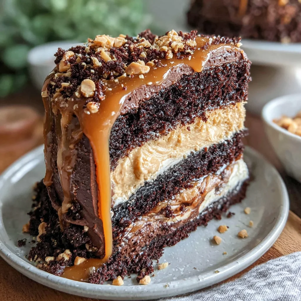 Easy Father's Day Dark Chocolate Peanut Butter Cake Recipe (With Salted Caramel Drizzle!)