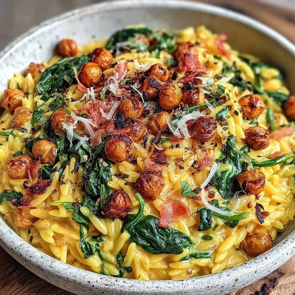 Easy One-Pot Lemon Orzo with Spinach and Crispy Chickpeas Recipe