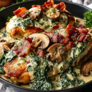 Smothered Chicken with Creamed Spinach, Bacon, and Mushrooms Recipe (Quick & Easy!)