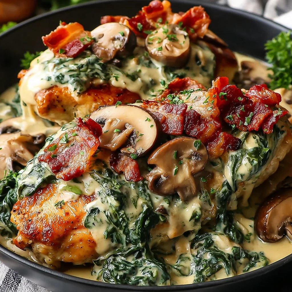 Smothered Chicken with Creamed Spinach, Bacon, and Mushrooms Recipe (Quick & Easy!)