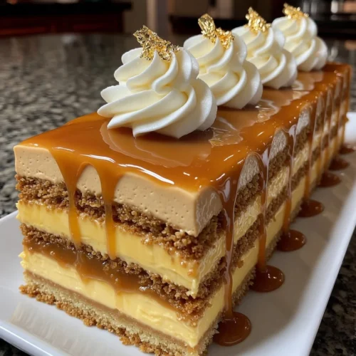 Caramel Mousse Cake with Golden Drizzle and Cream Layers