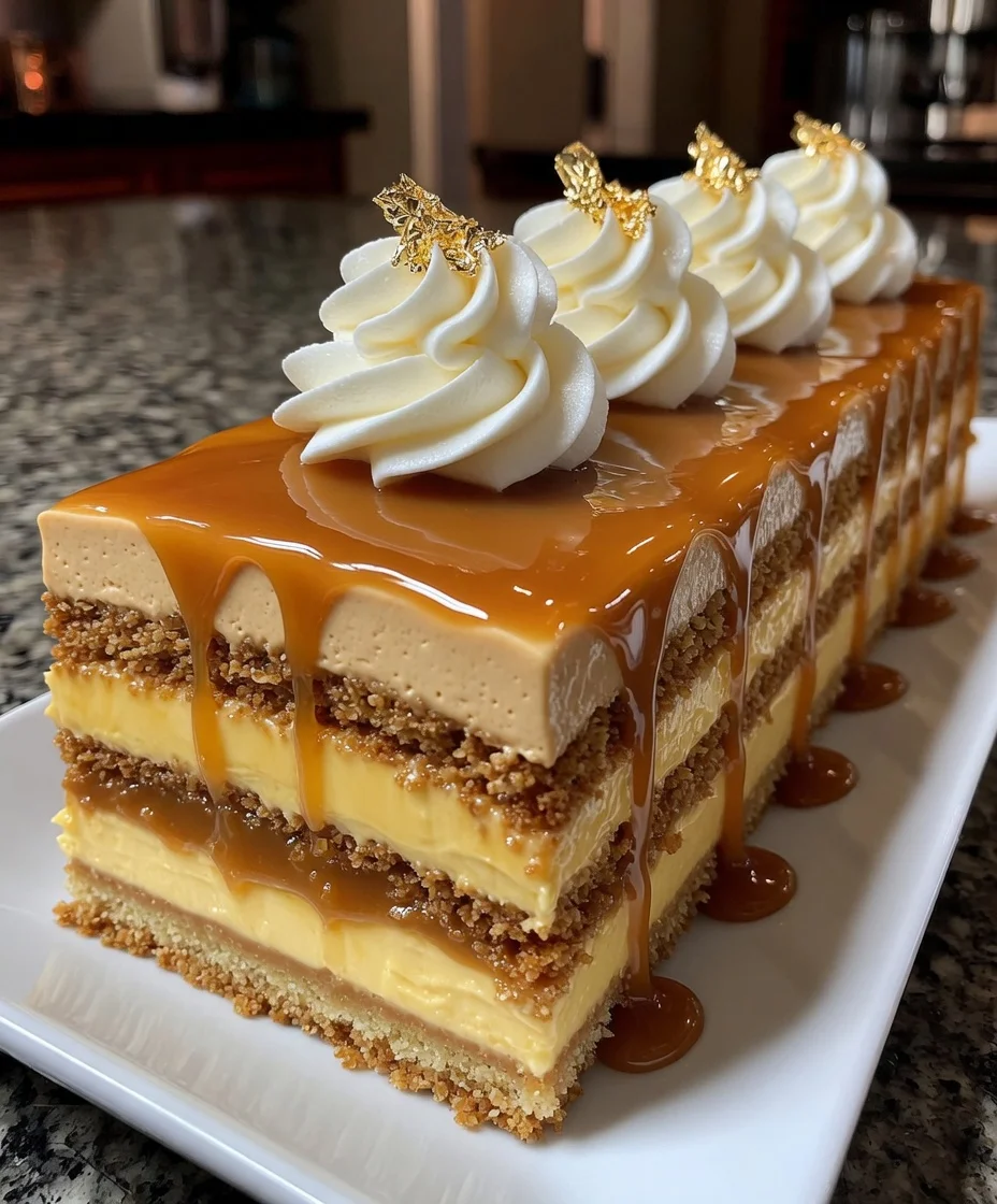 Caramel Mousse Cake with Golden Drizzle and Cream Layers