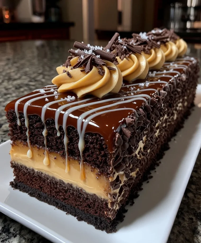 Chocolate Caramel Cream Cake with Salted Drizzle Finish