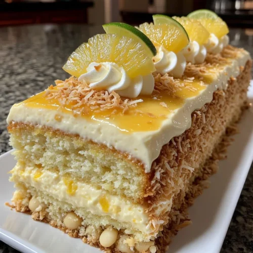 Coconut Pineapple Sunshine Cake with Tropical Cream Frosting