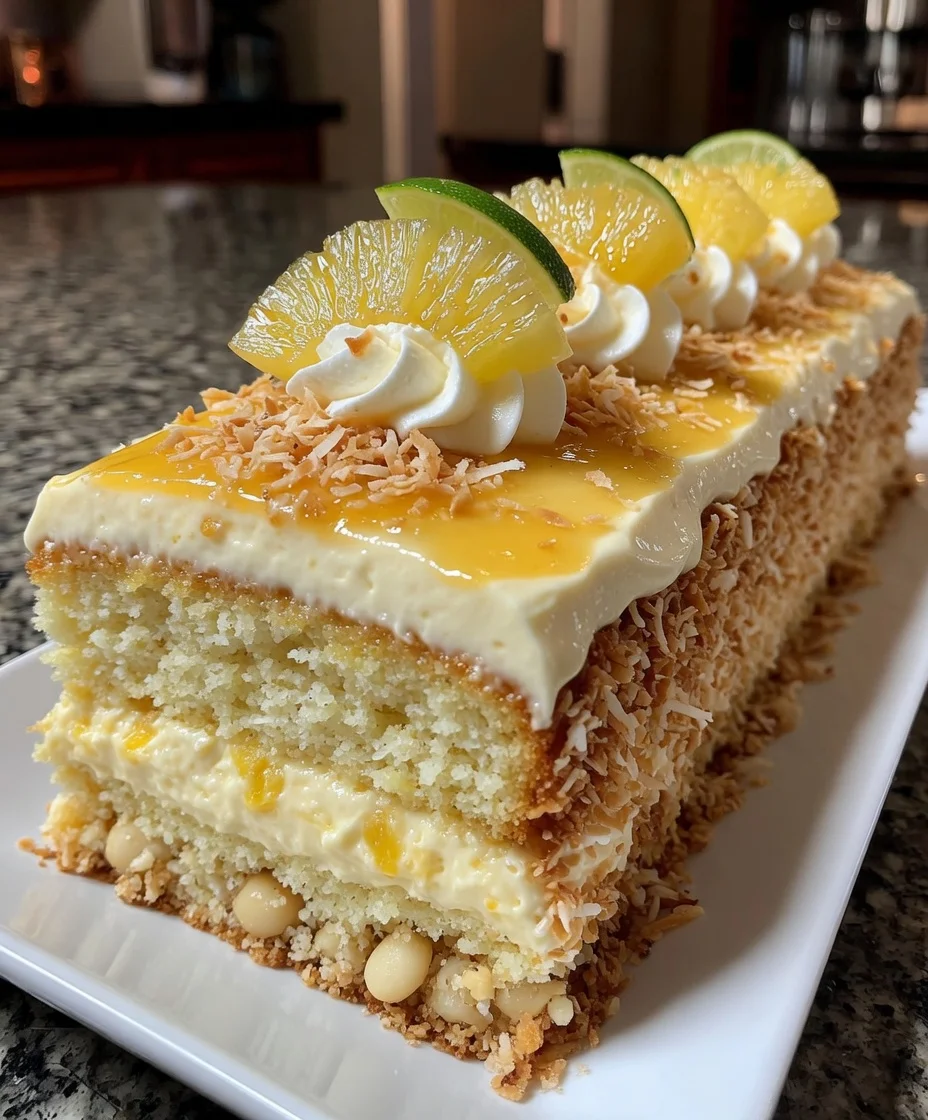 Coconut Pineapple Sunshine Cake with Tropical Cream Frosting