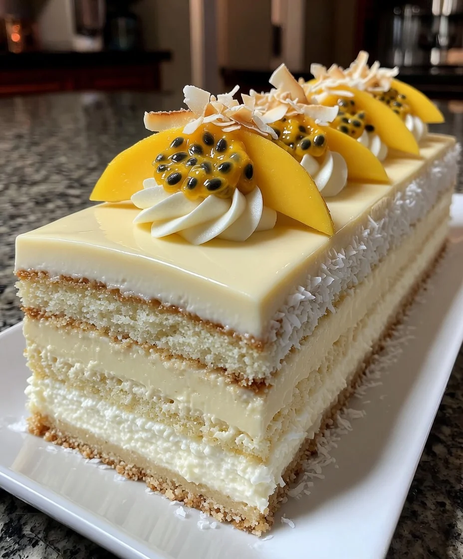 Coconut White Chocolate Mousse Cake with Tropical Sweet Layers