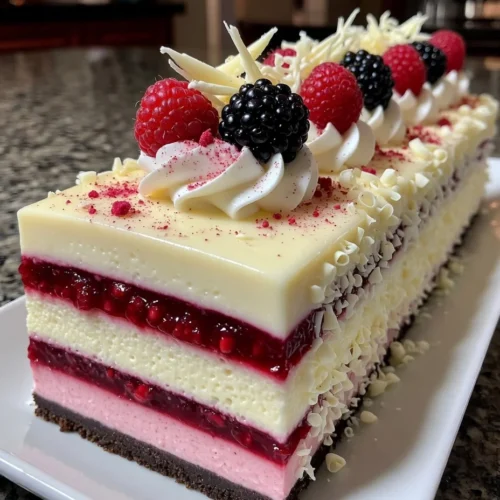 White Chocolate Raspberry Mousse Cake with Tart Berry Layers