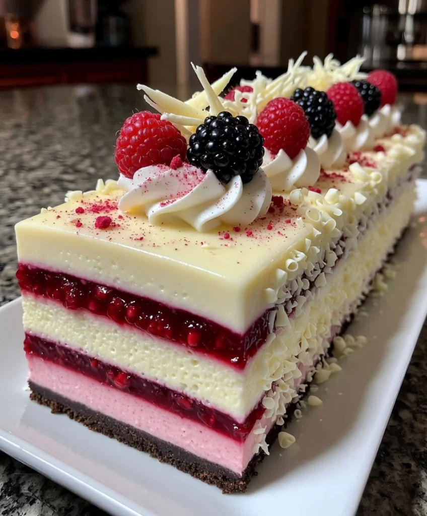 White Chocolate Raspberry Mousse Cake with Tart Berry Layers