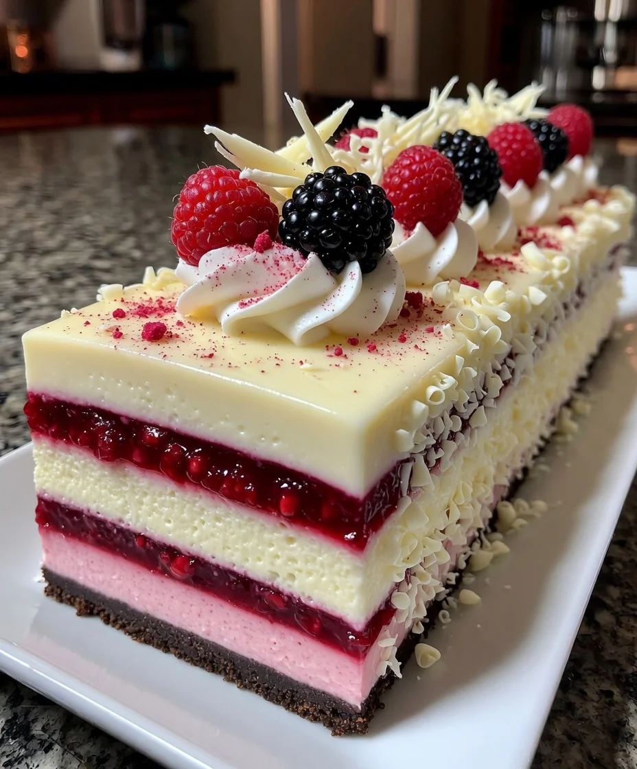 White Chocolate Raspberry Mousse Cake with Tart Berry Layers