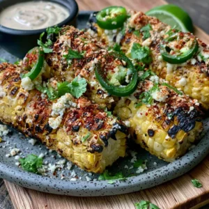 Father's Day Grilled Corn and Jalapeño Elotes Recipe with Smoky Cotija Sauce!