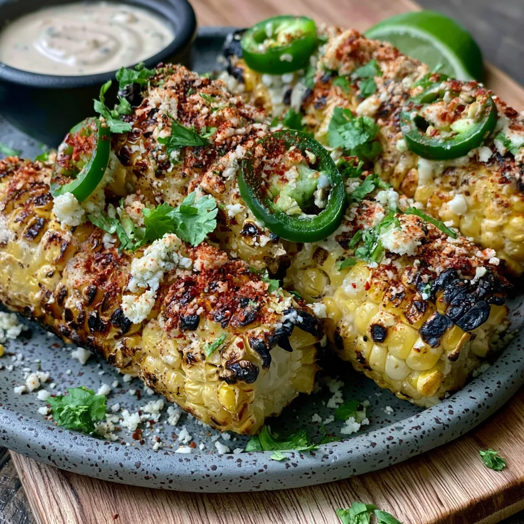 Father's Day Grilled Corn and Jalapeño Elotes Recipe with Smoky Cotija Sauce!