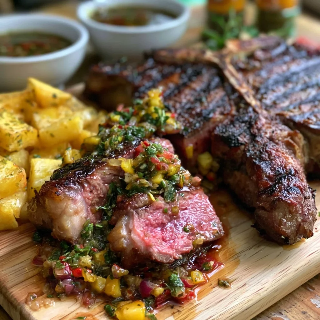 Father's Day Grilled Porterhouse Steak Recipe with Easy Herb Chimichurri Sauce