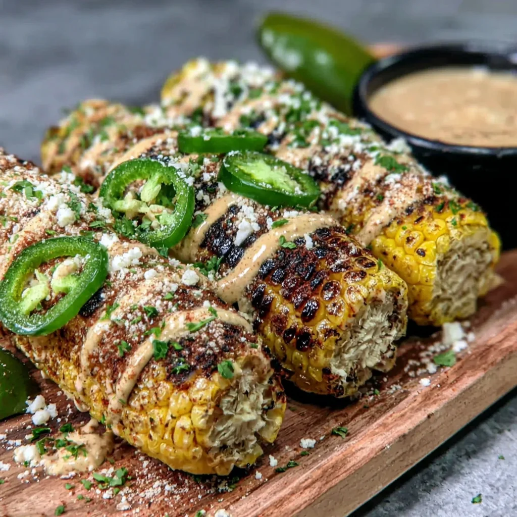Fathers Day Grilled Corn and Jalapeño Elotes Recipe with Smoky Cotija Sauce!