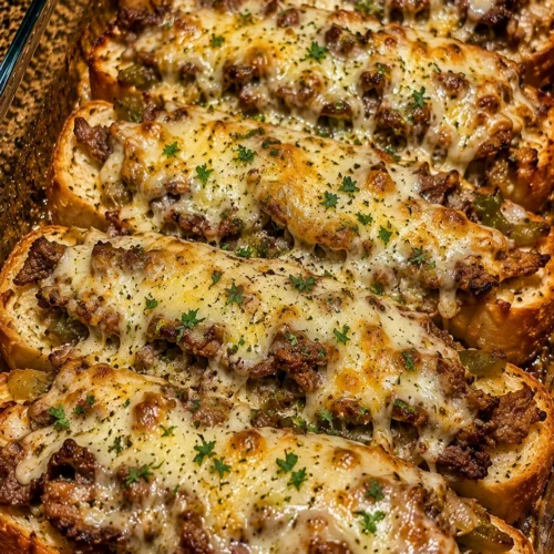 Philly Cheesesteak Garlic Bread Bake
