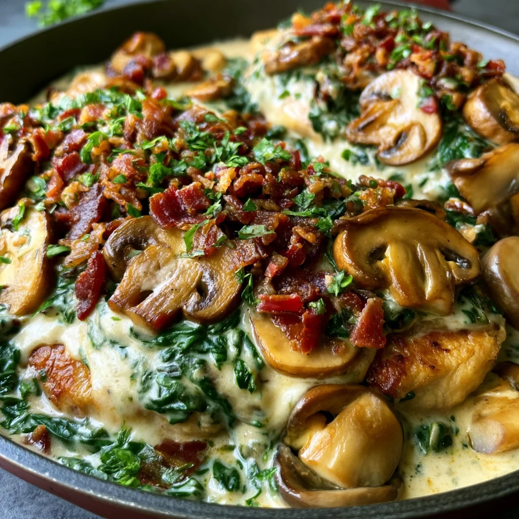 Smothered Chicken with Creamed Spinach, Bacon, and Mushrooms Recipe (Quick & Easy!)