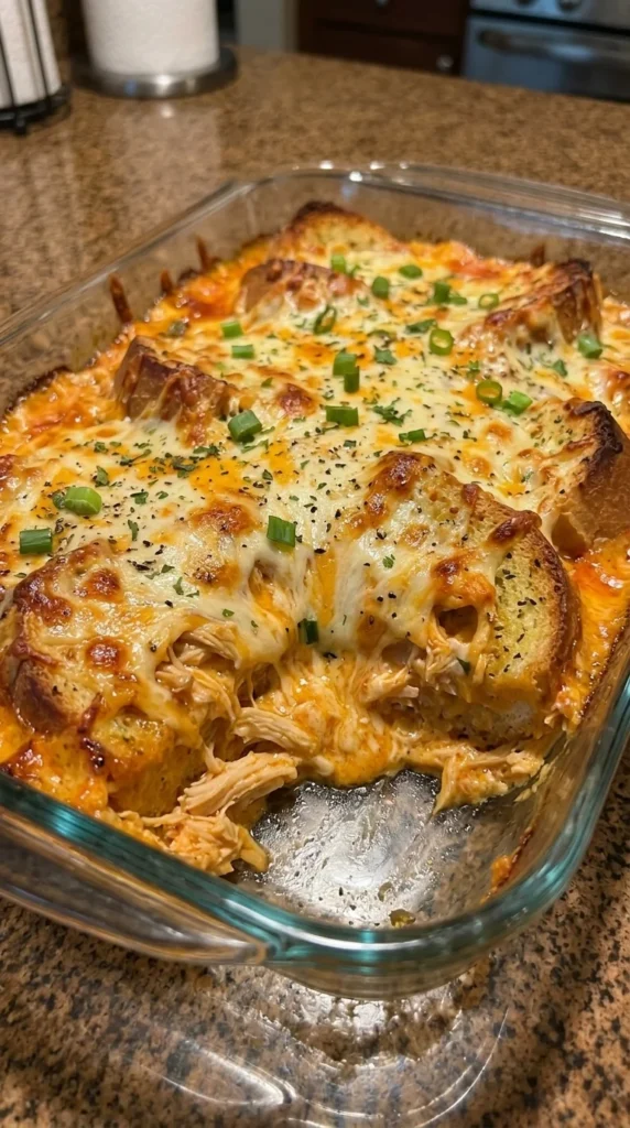 Buffalo Chicken Cheesy Garlic Bread Bake