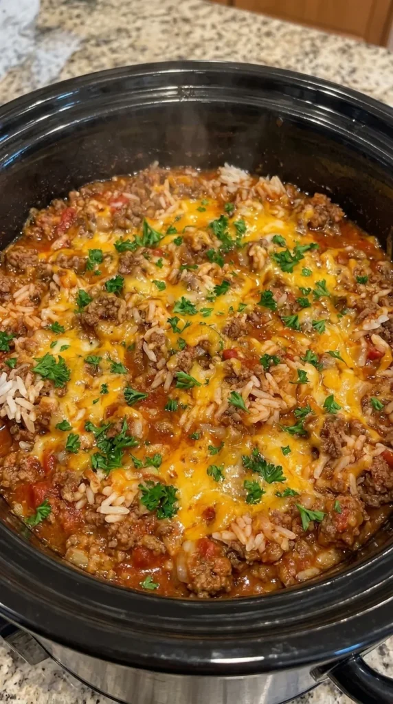 CROCKPOT BEEF AND RICE CASSEROLE