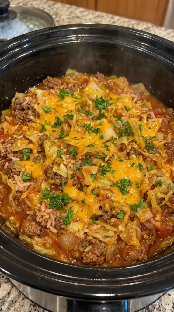 CROCKPOT CABBAGE, BEEF AND RICE CASSEROLE