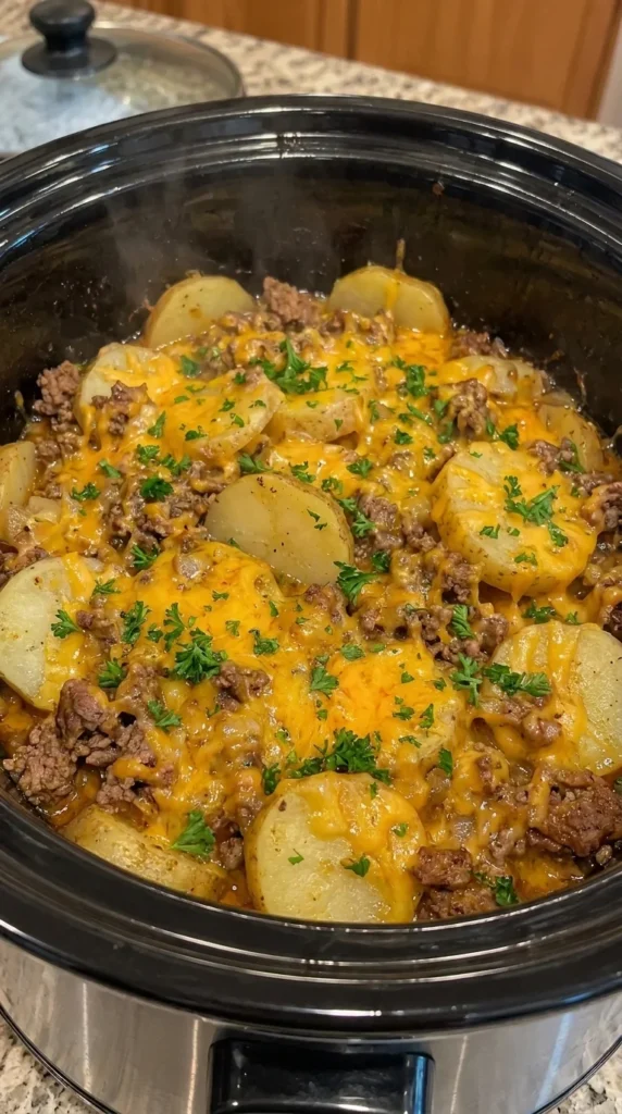 CROCKPOT CHEESY BEEF AND POTATO CASSEROLE