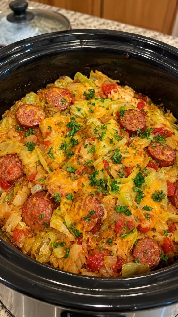 CROCKPOT CHEESY CABBAGE AND SAUSAGE CASSEROLE