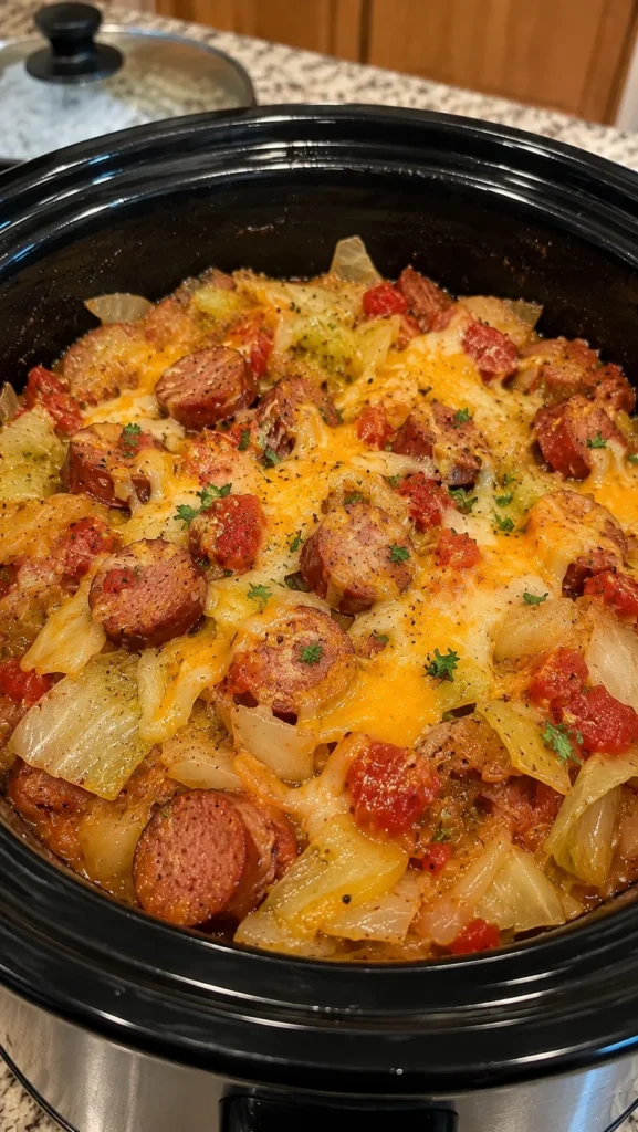 CROCKPOT CHEESY SAUSAGE AND CABBAGE