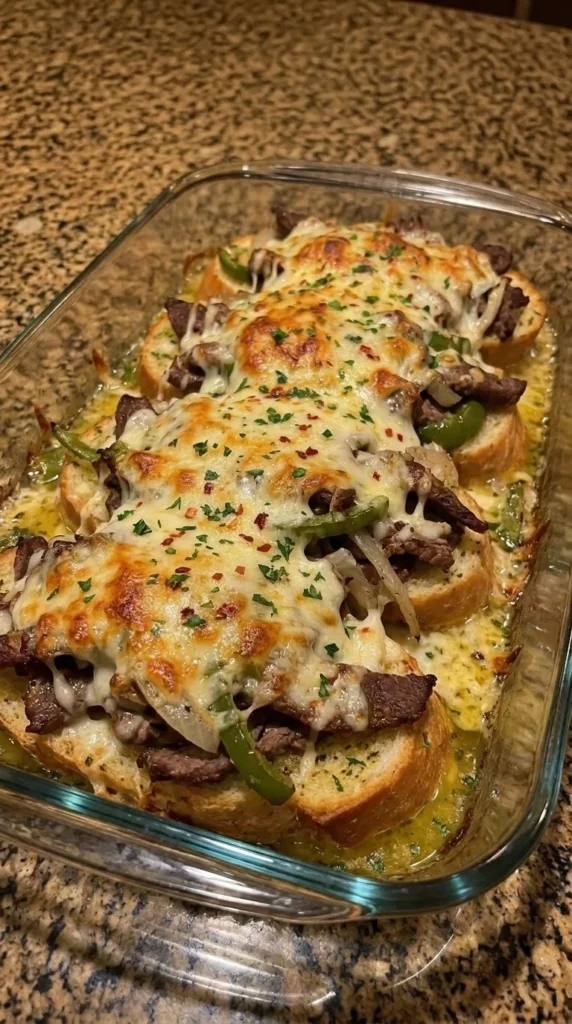 Philly Cheesesteak Cheesy Garlic Bread Bake