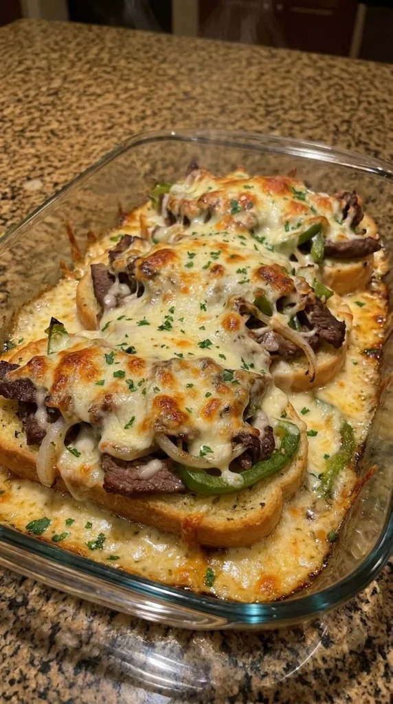 Philly Cheesesteak Cheesy Garlic Bread Bake