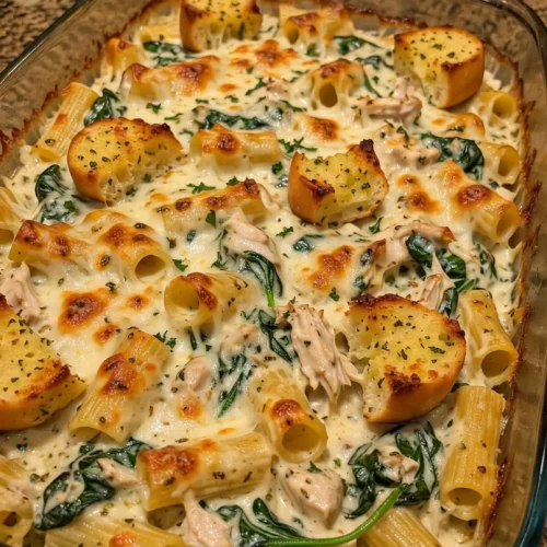 Chicken Alfredo Spinach Mozzarella Garlic Bread Bake