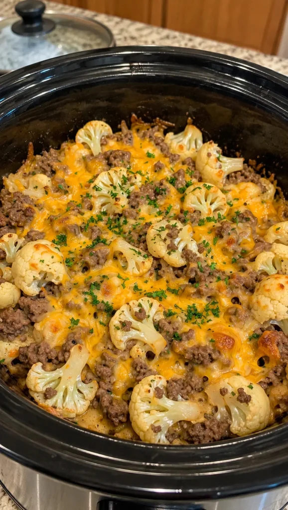 CROCKPOT CHEESY BEEF AND CAULIFLOWER CASSEROLE