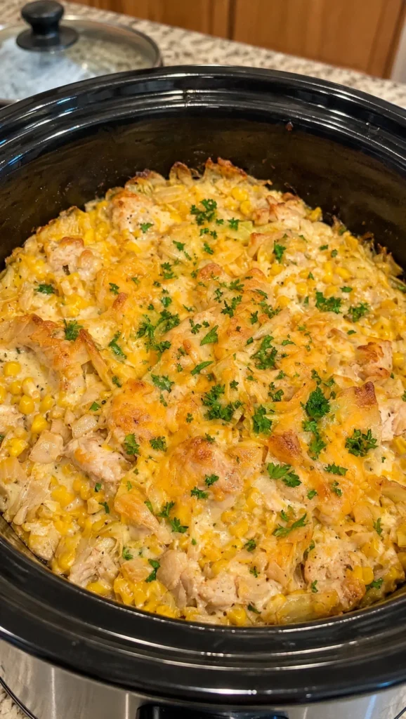 CROCKPOT CHICKEN AND CHEESY CORN BAKE
