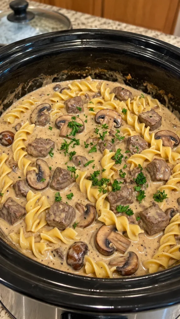 CROCKPOT CREAMY BEEF AND NOODLES
